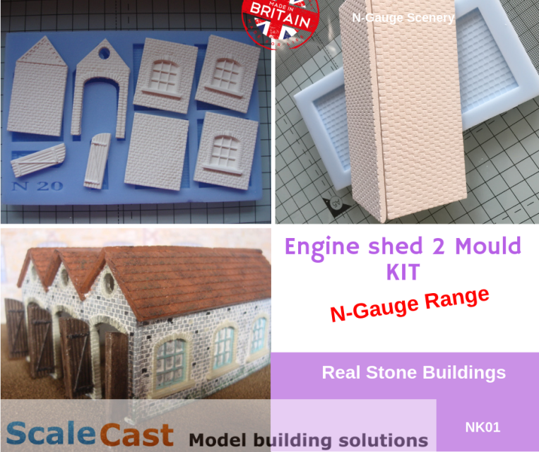 NK01 Real stone buildings in N Scale N Gauge Engine shed & Roof 2 mould KIT 